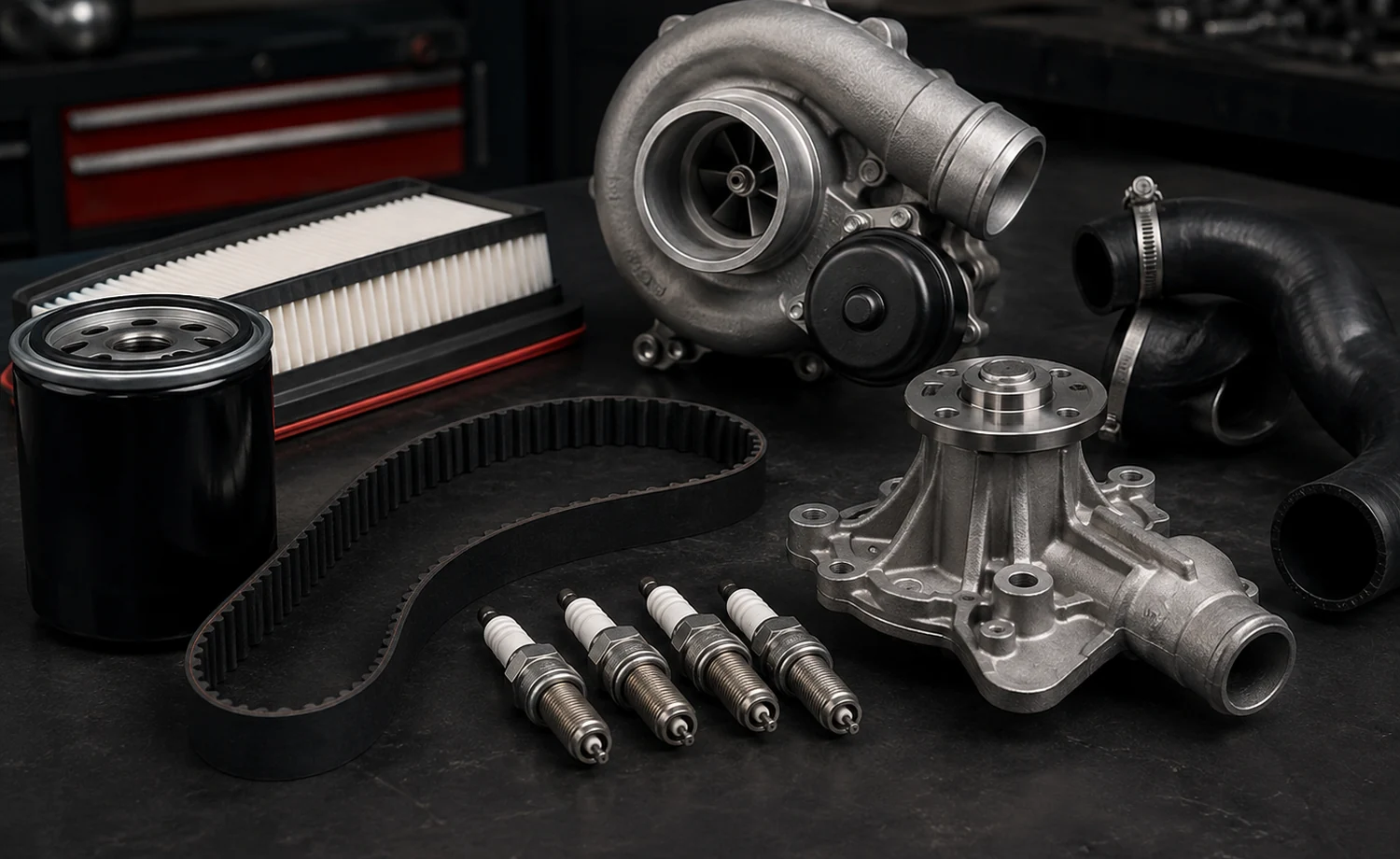 Engine and service parts arranged on a workbench